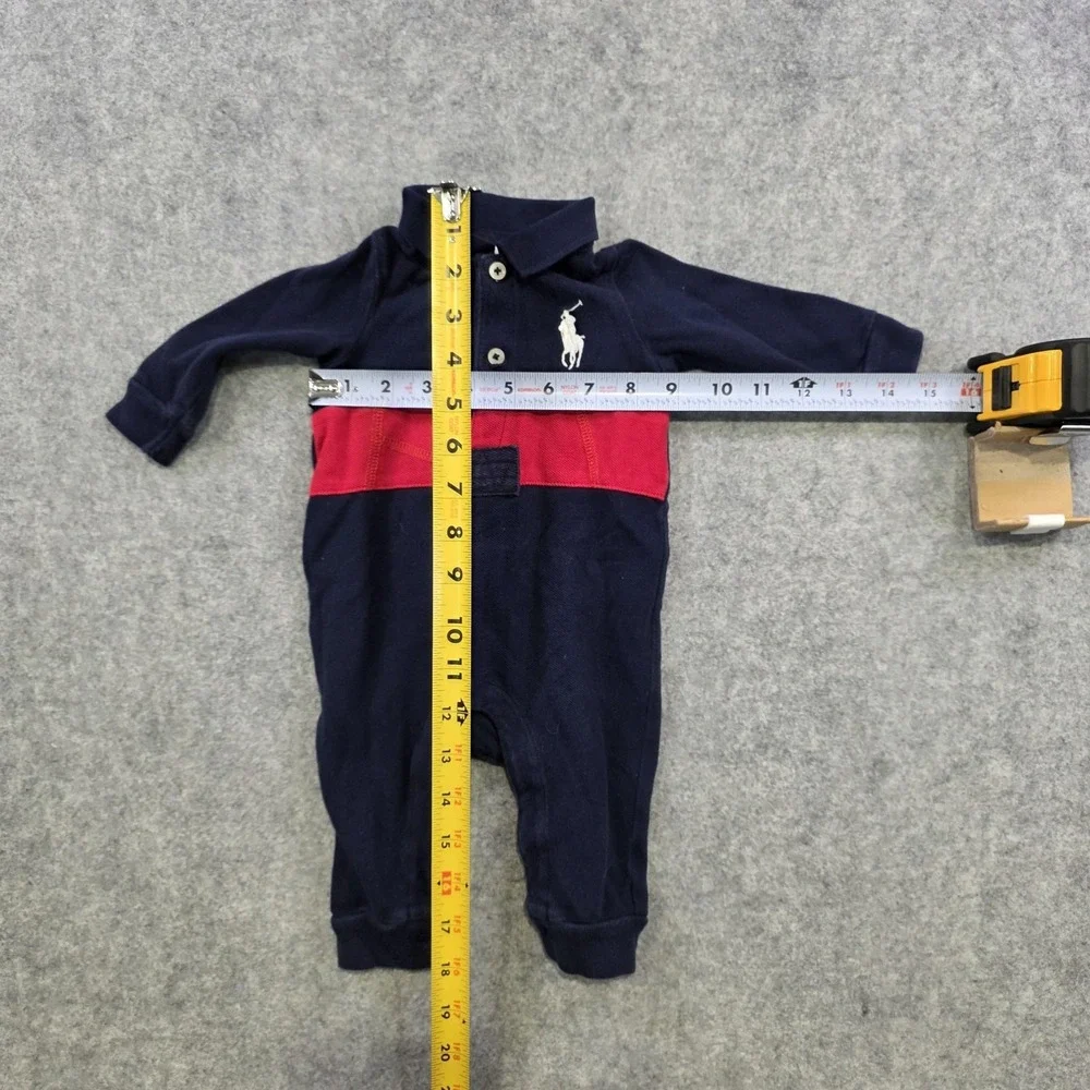 Ralph Lauren Coverall Baby Boys 0-3M Blue Red Polo One Piece Snap Romper